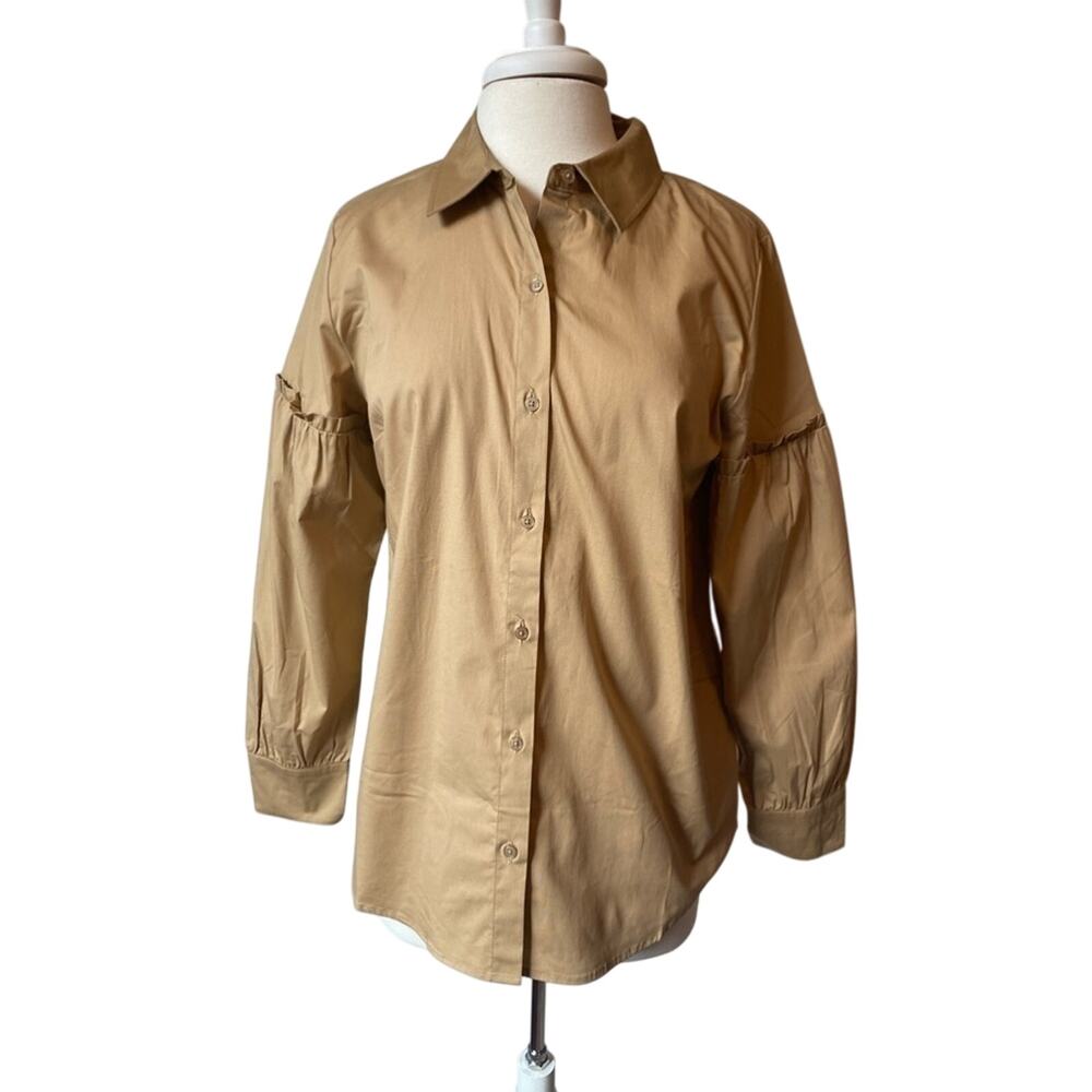 Candace Cameron Bure Prairie Cottagecore Ruffle Sleeve Tan Button Down Shirt Med